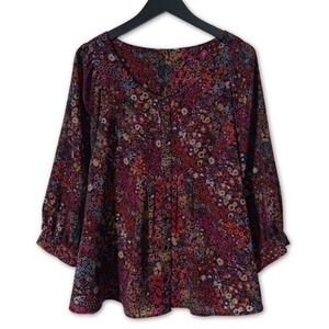 Floral Blouse Womens L XL Black Button Front Shirt Feminine Whimsigoth Boho Top